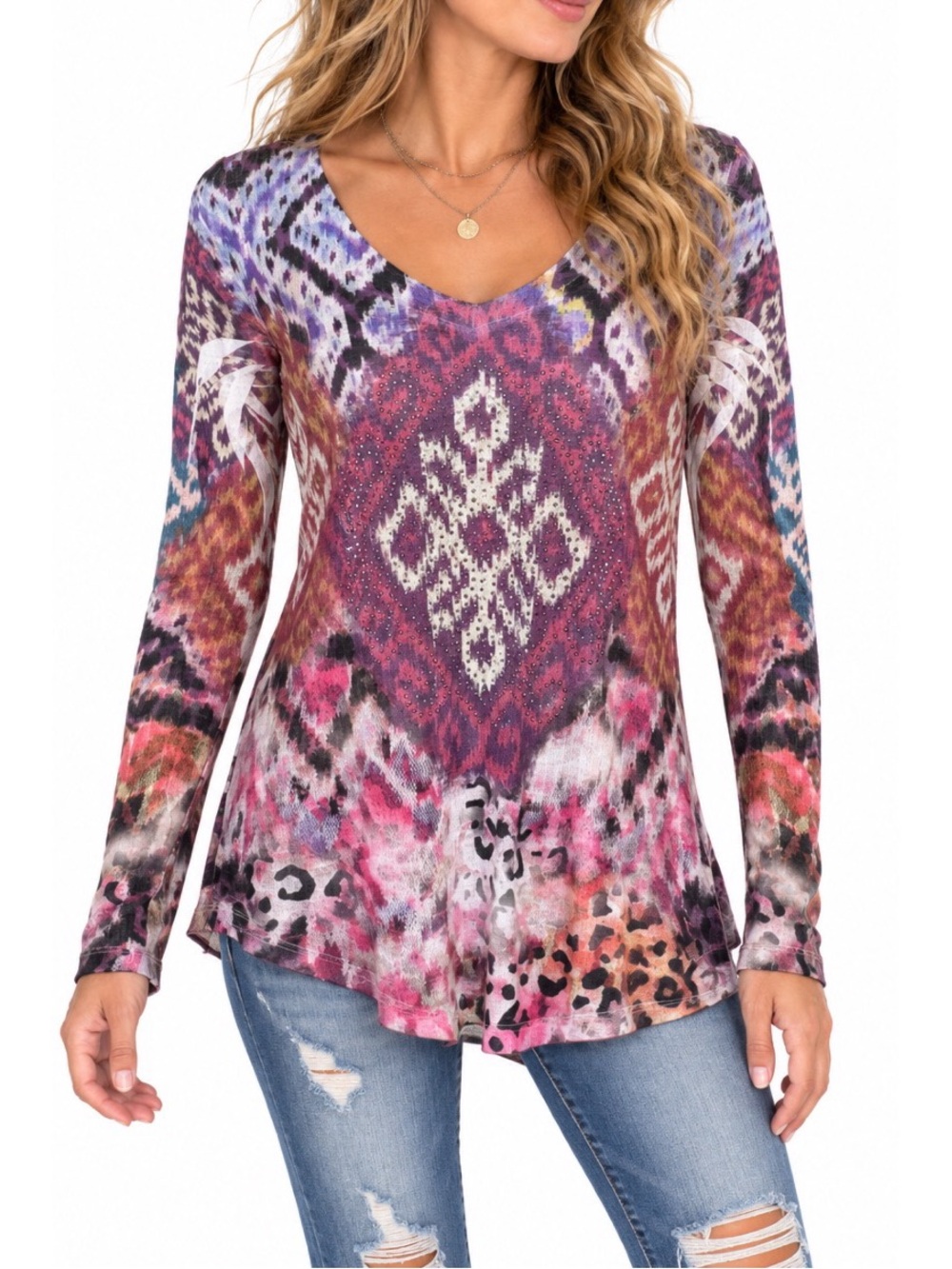 Daytrip long-sleeve top features a colorful, boho-inspired mixed print